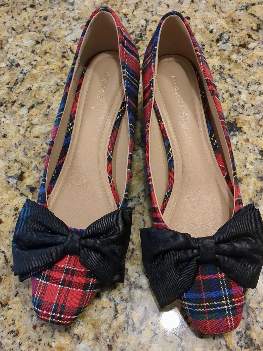 New In B Crown & Ivy Red Plaid Ballet Flats with Black Bow